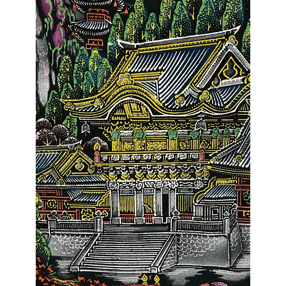 Japanese‎ Wall Scroll Temple Scene Textile Art Hanging Asian Decor Made in Japan